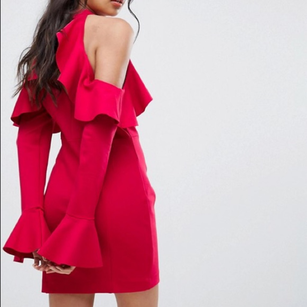 Free People Sweet Talk Raspberry Cold Shoulder Ruffle Trim Cocktail Dress - Picture 3 of 3